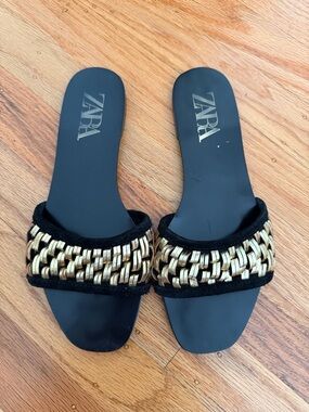 ZARA Black Slides with Gold Woven Strap